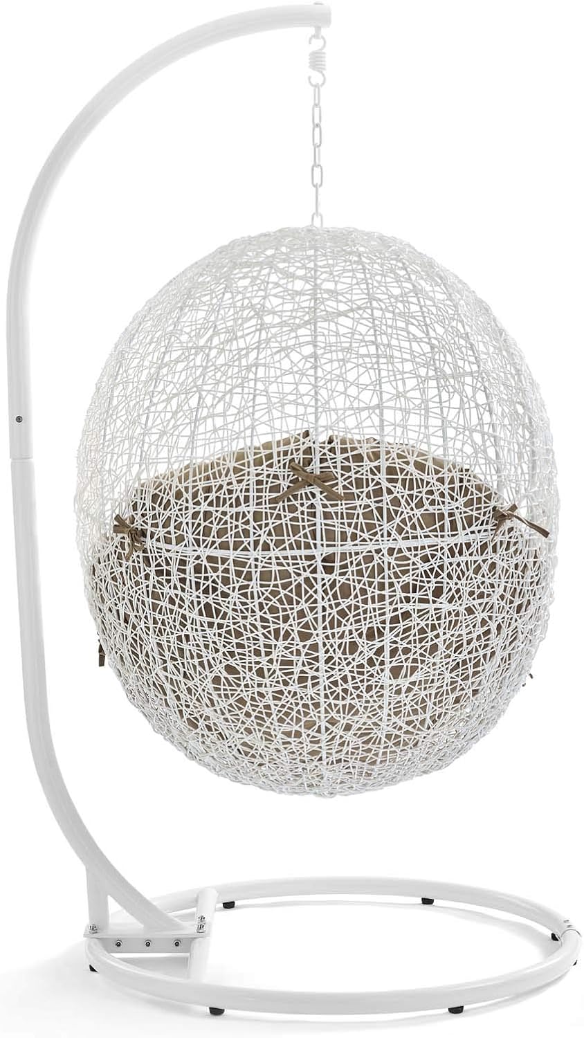 Modway Hide Wicker Rattan Outdoor Patio Porch Lounge Egg Swing Chair Set with Stand in White Mocha