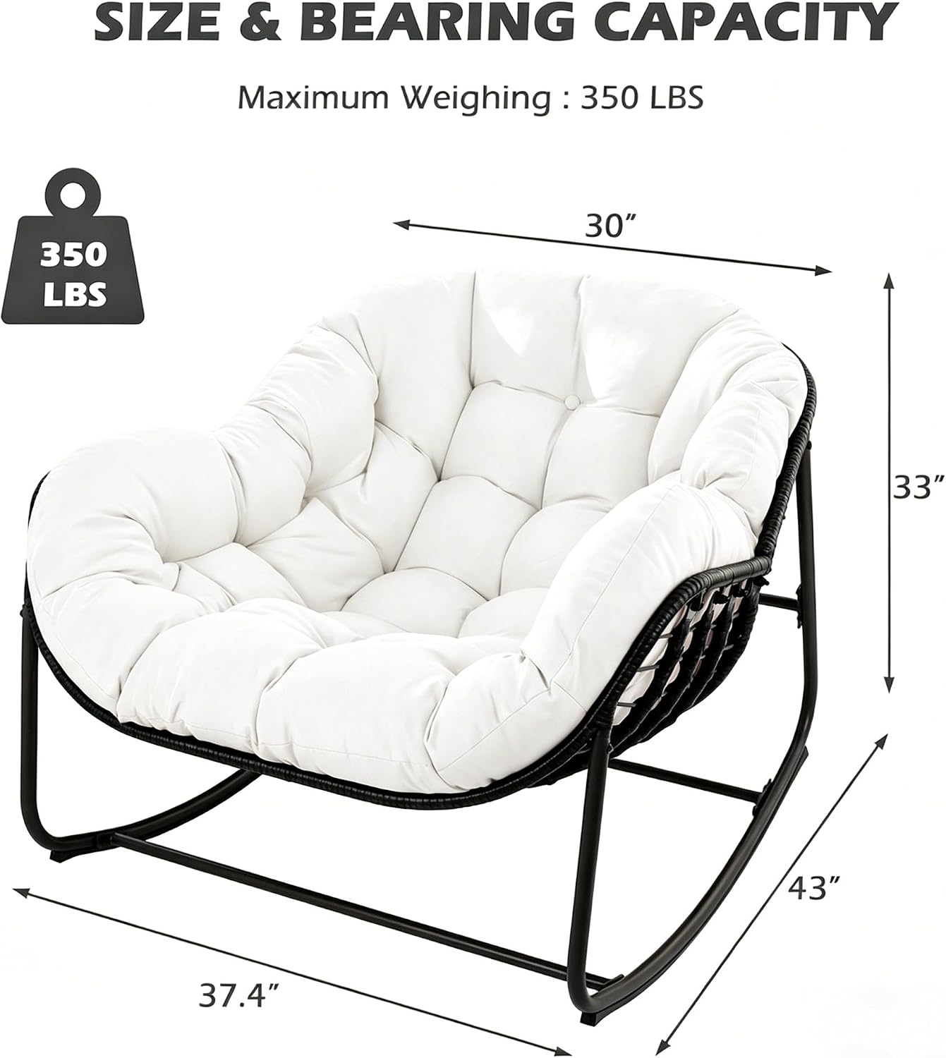 Papasan Rocking Chair, Oversized Papasan Chair with Cushion and Frame for Indoor& Outdoor,Egg-Shaped Patio Rocking Chair for Garden, Deck, Living Room, White