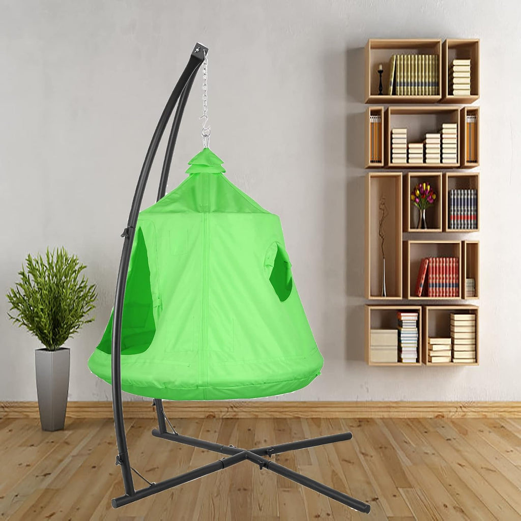 X-Shaped Hanging Tree Tent w/Swing Chair,Hammock Chair Stand Canopy w/Steel Frame,Indoor Outdoor Egg Basket Patio Seat w/Adjustable Solid Stand,Bedroom Porch Balcony Garden 330lb (Green)