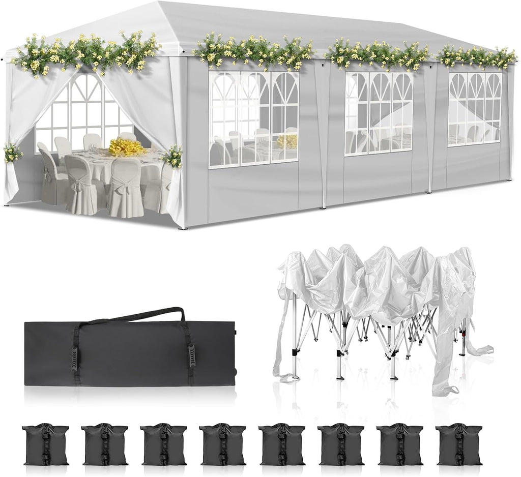 Bonnlo 6.5x6.5ft Pop Up Canopy, Outdoor Easy Up Party Tent w/Sidewalls, Patio Portable Gazebo for Party, Event, Camping (White, 10x30ft)