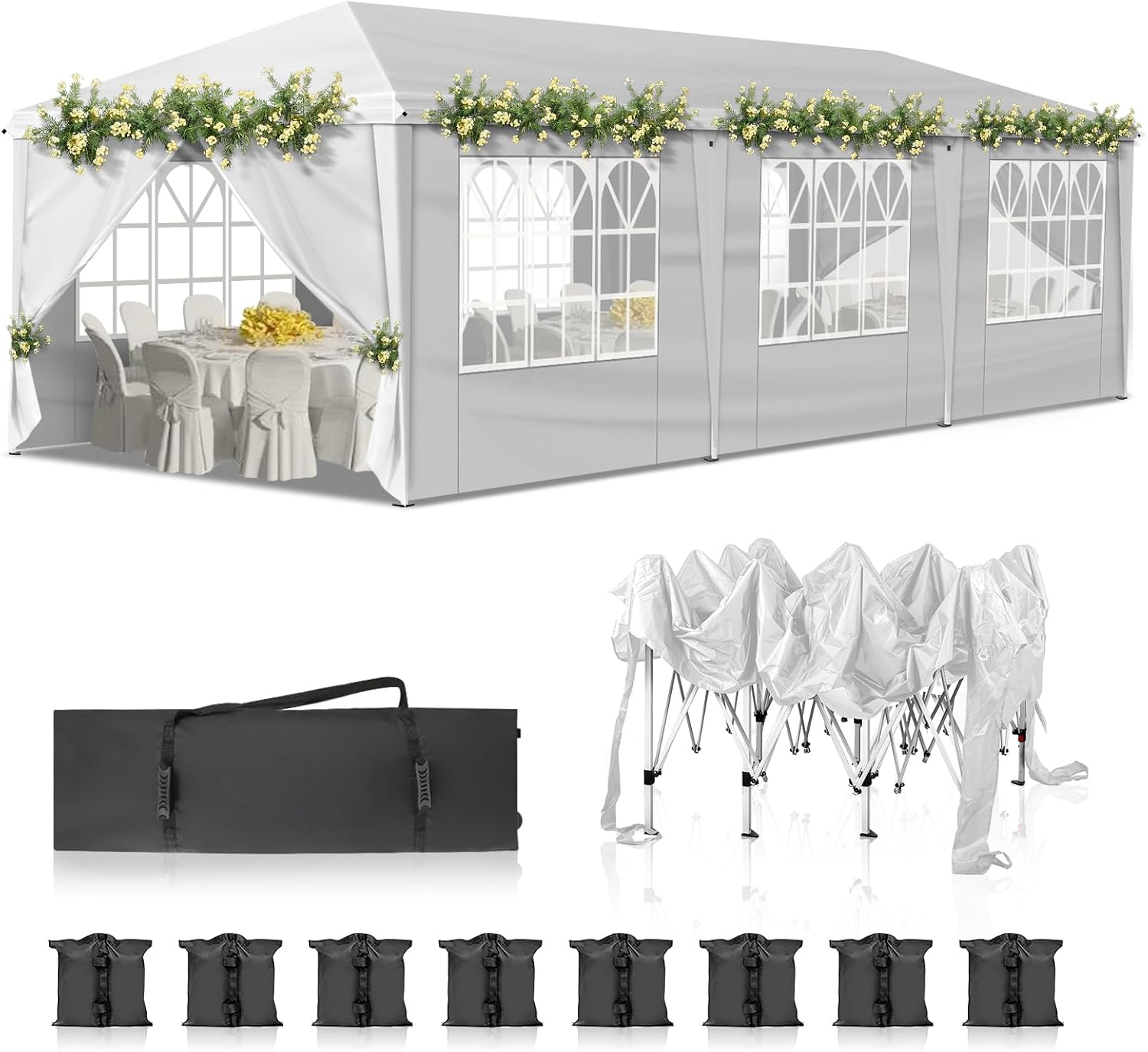 Bonnlo 6.5x6.5ft Pop Up Canopy, Outdoor Easy Up Party Tent w/Sidewalls, Patio Portable Gazebo for Party, Event, Camping (White, 10x30ft)