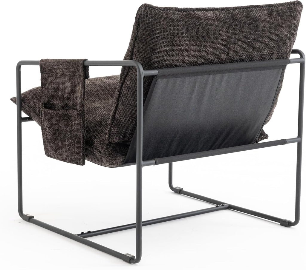 Comfy Sling Accent Chair Set of 2 Upholstered Hanging Armchairs with Pockets Metal Frame Skin-Friendly Fabric Reading Chair for Living Room Bedroom (Dark Grey Cushion & Black Metal Frame)