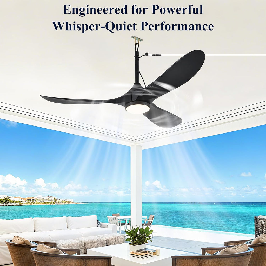 52 inch Outdoor Ceiling Fan with Light Waterproof - Plug in Hanging Hook for Patio, Porch, Gazebo - Wet Rated Weatherproof Exterior Black 3 Blades Ceiling Fan with Remote
