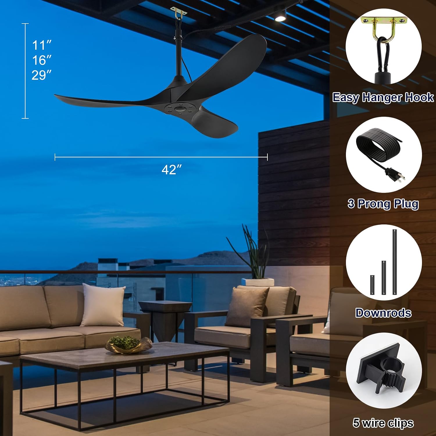 Outdoor Ceiling Fan no Light Waterproof - Plug in Hanging Hook for Patio, Porch, Gazebo - 42 inch Wet Rated Weatherproof Exterior Black 3 Blades Ceiling Fan with Remote