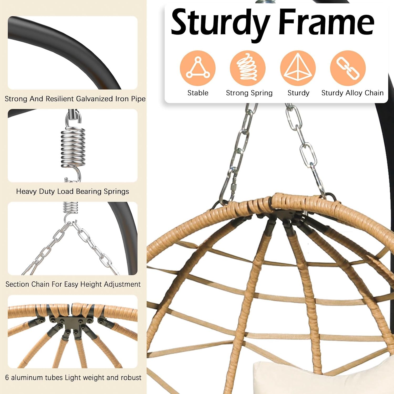 Hanging Egg Chair Swing with Stand, Hanging Chair, Webbing & PE Rattan Weaving, Thickened UV Resistant Cushion & Alloy Steel Frame, for Patio Bedroom Balcony (YB)