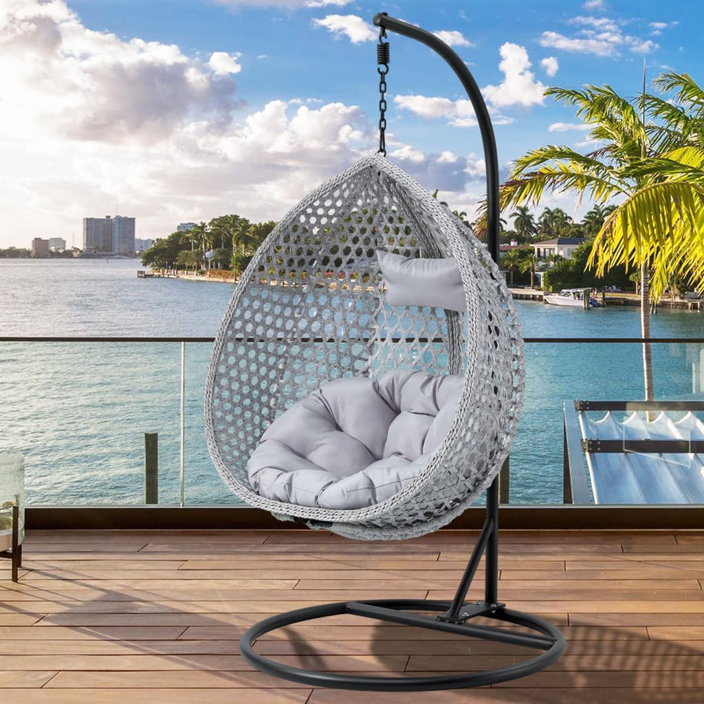 JUFU Egg Swing Chair with Stand,Hanging Egg Chair Indoor Outdoor,Hammock Hanging Basket Chair with Aluminum Steel Frame，Patio Egg Chair with Removable Cushions for Patio Balcony Backyard,Bedrooms