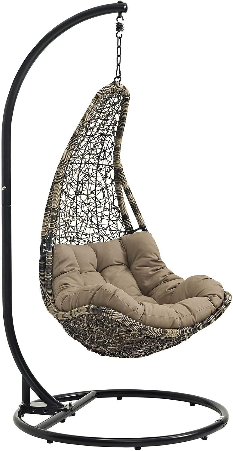 Modway Abate Wicker Rattan Outdoor Patio Porch Lounge Swing Chair Set with Stand in Black Mocha