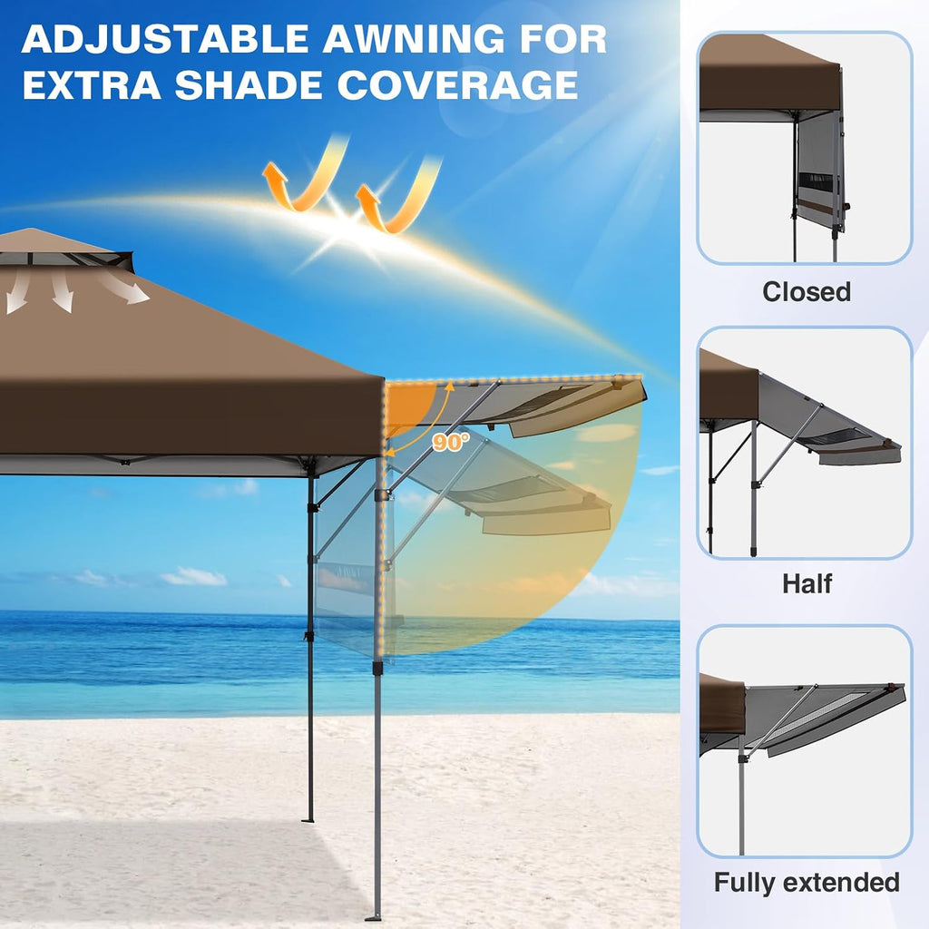 EAGLE PEAK 17x10 Pop up Gazebo Canopy Tent Outdoor Instant Canopy Shelter with Adjustable Dual Half Awnings (Brown)
