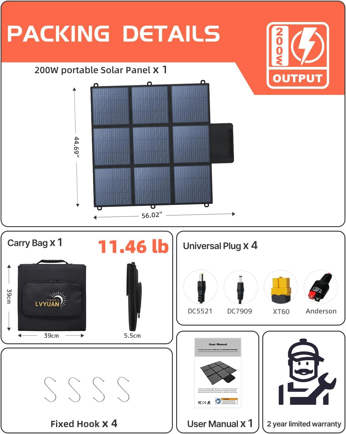 LVYUAN 200W Portable Solar Panel, 24V Foldable Blanket Solar Panel IP64 P-PERC, Upgraded 23% Efficiency for Solar Power Station Generator for Outdoor Camping with Anderson Plug, 12 Pounds