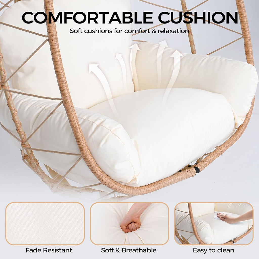 Egg Chair with Stand, Wicker Hanging Chair for Outdoor Patio, Cushioned Hammock Swing for Bedroom Garden Indoor/Outdoor, Double-Zipper Structure Hanging Egg Chair (Yellow Frame and White Cushion)