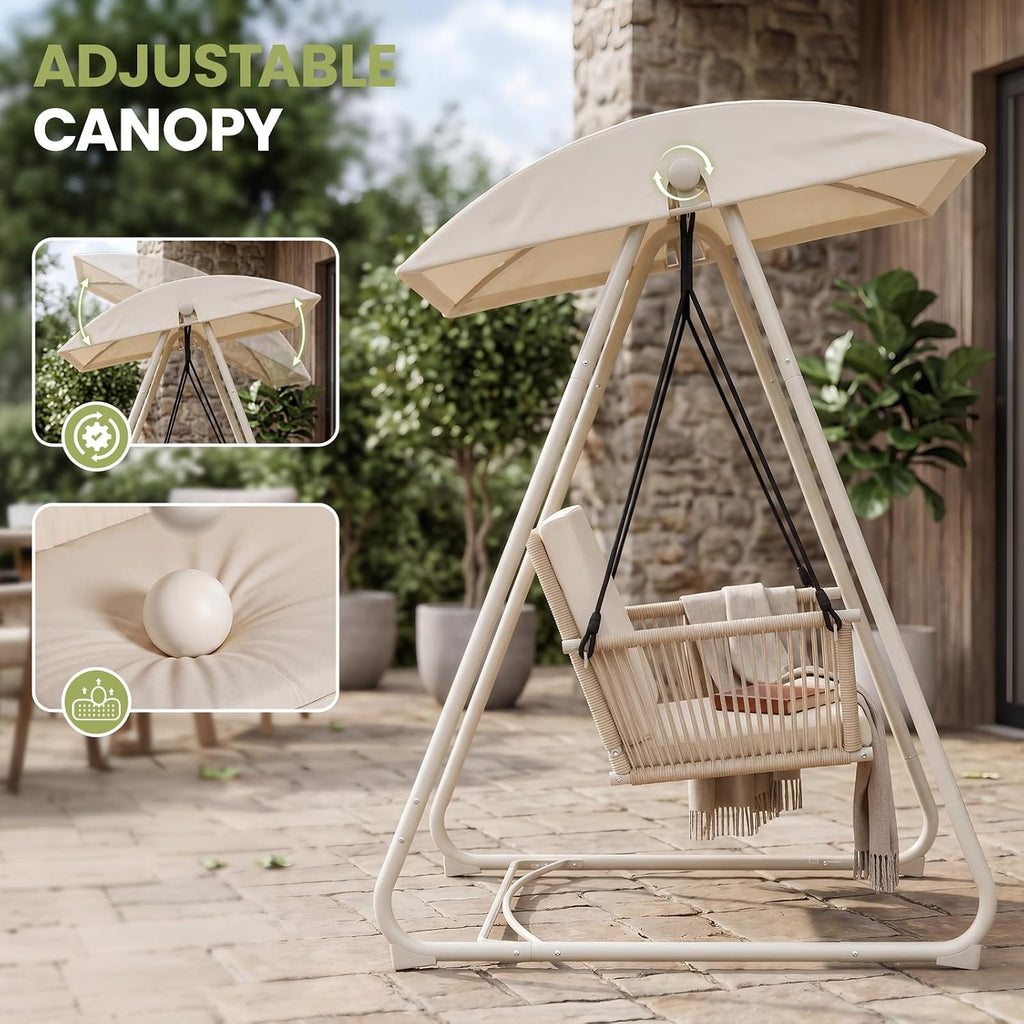 Porch Swing with Stand, Outdoor Swing with Canopy, All Weather Outdoor Swings for Adults, 400lbs Heavy Duty Porch Swings with Removable Cushions, Single Hanging Chair for Small Space, Beige