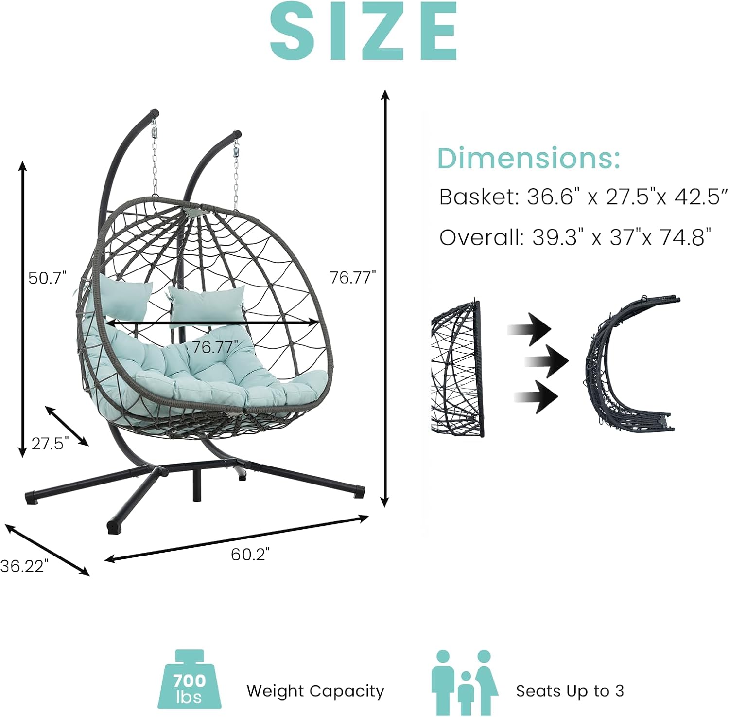 Hanging Double Egg Chair with Stand, 2 Person Comfy Patio Rattan Wicker Swing Hammock Chairs with Cushion, 700 LBS Capacity Egg Swing Chair for Indoor, Outdoor, Backyard, Balcony, Bedroom, Porch