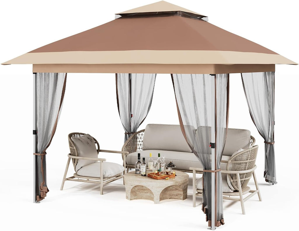 GarveeLife 10x10 Canopy Tent, Pop Up Gazebo Tent with Mosquito Netting, Outdoor Canopy with 4 Sandbags & Wheeled Bag & Height Adjustable, Pop Up Gazebo for Patio Garden Backyard Lawn Deck