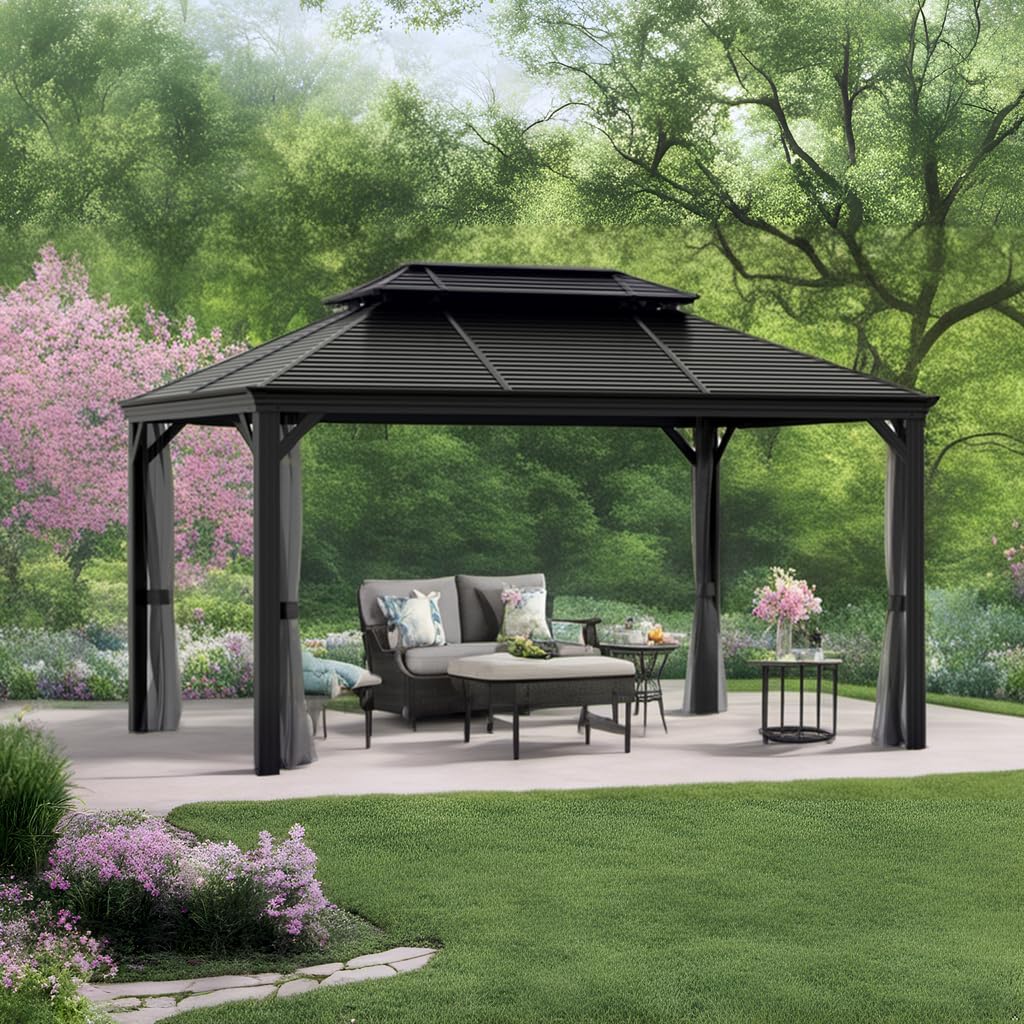 Hardtop Gazebo with Galvanized Steel Double Roof, Rustproof Aluminum Frame, Privacy Netting, and All-Weather Outdoor Shelter, Dark Grey (12x16)