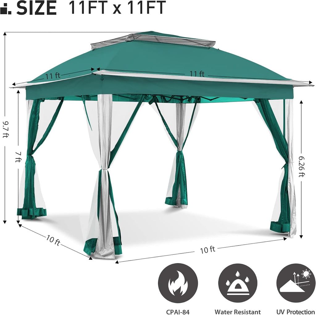 11'x11' Pop Up Gazebo for Patios Canopy Tent with Sidewalls Outdoor Gazebo with Mosquito Netting Pop Up Canopy Shelter Wedding Tent (Green)