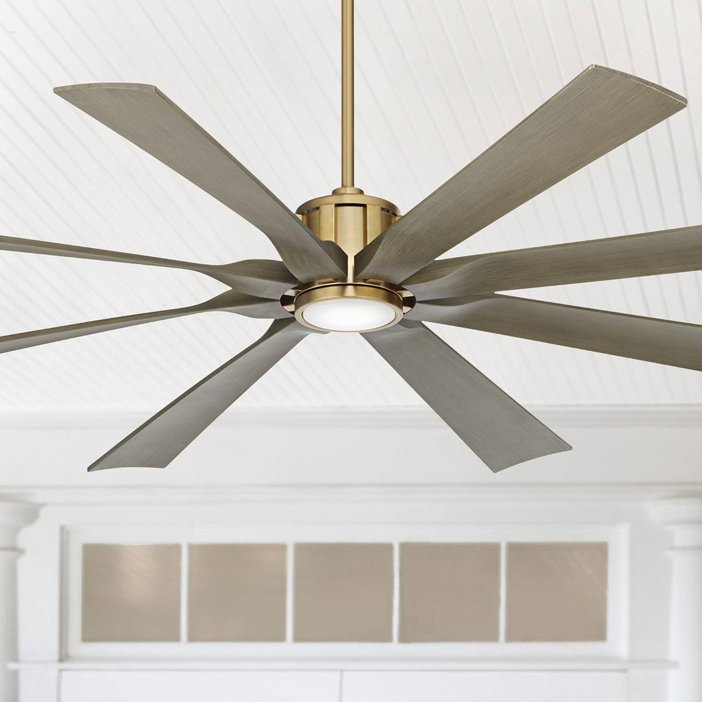Possini Euro Design 70' Defender Modern Outdoor Ceiling Fan with Dimmable LED Light Remote Control Soft Brass Weathered Oak Blades Damp Rated for Patio Exterior House Porch Gazebo Garage Barn