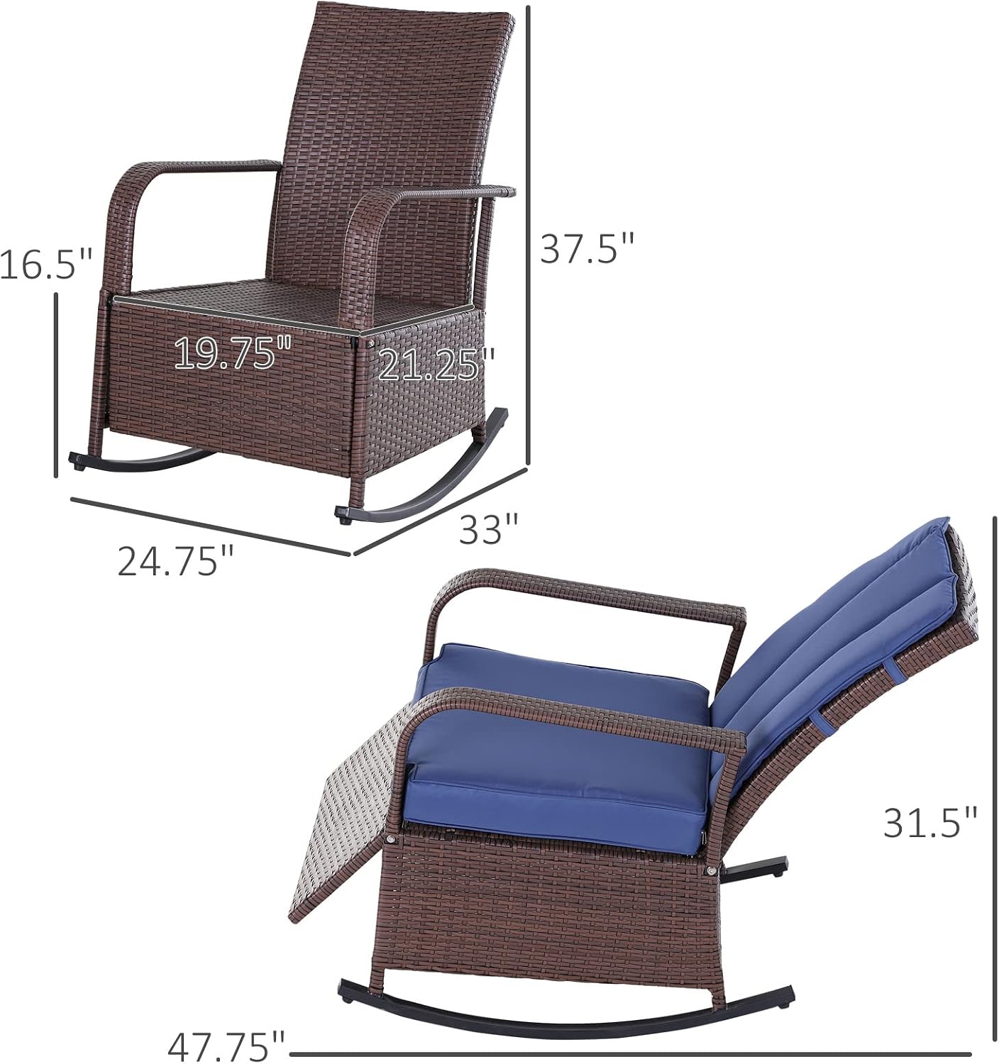 Outsunny Wicker Outdoor Rocking Chair, Patio Recliner with Adjustment Backrest, PE Rattan Lounge Chair with Adjustable Footrest and Cushions for Garden, Backyard, Porch, Blue