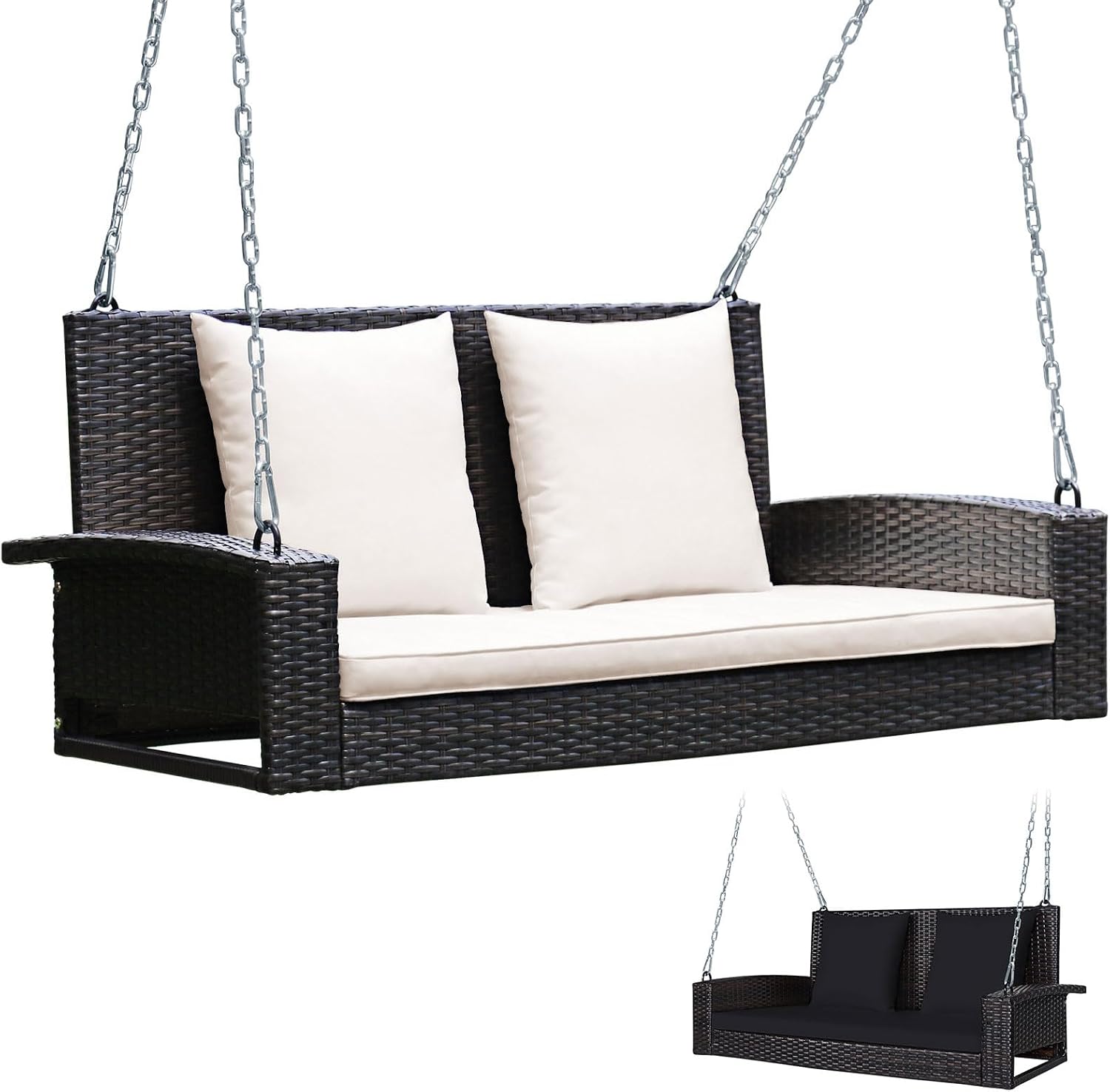 Tangkula 2-Person Wicker Porch Swing, Patiojoy Outdoor Rattan Hanging Swing Bench W/ 2 Back Cushions & 1 Seat Cushion, Sturdy Steel Chain, 800lbs Weight Capacity