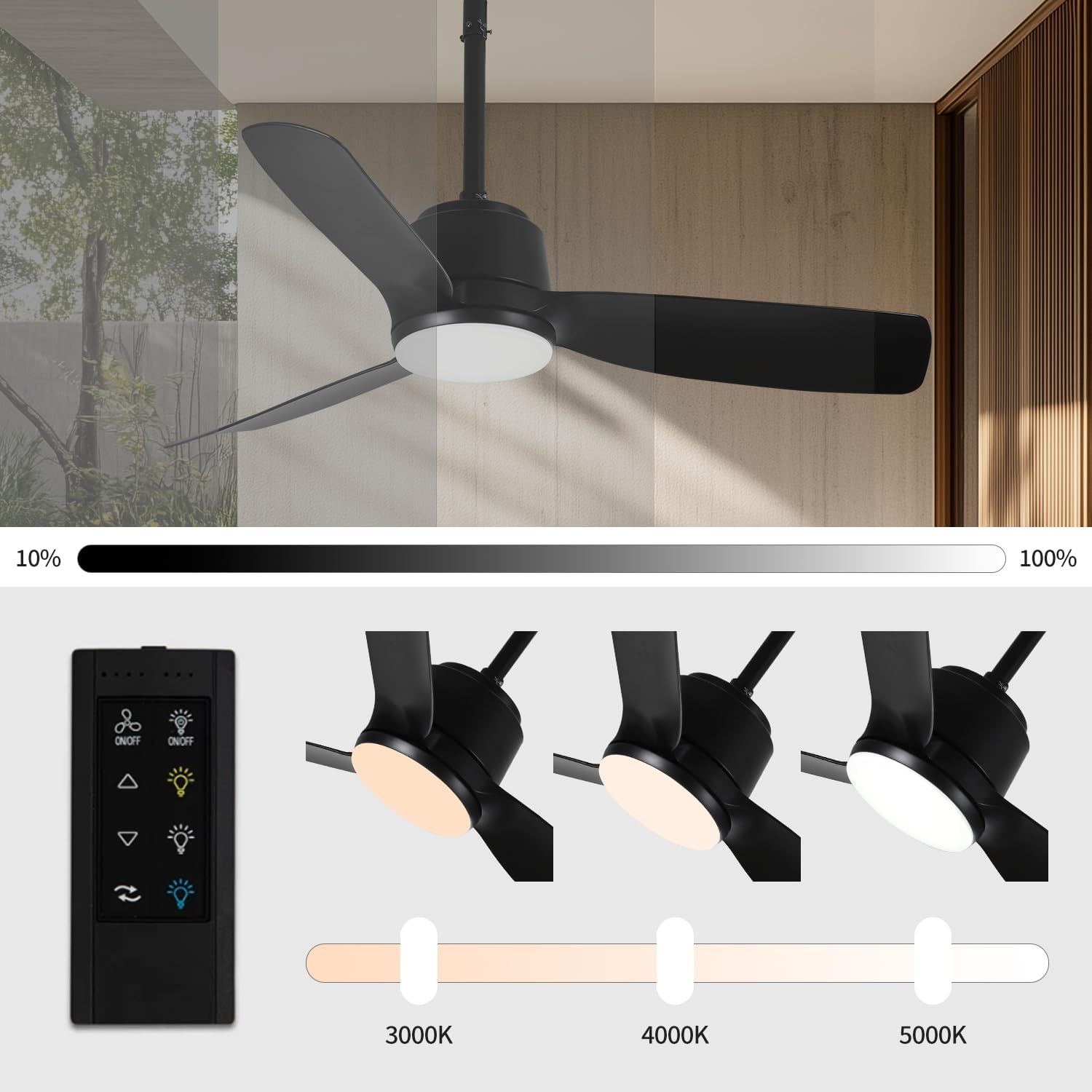 44'' Outdoor Ceiling Fan with Dimmable 3-Color LED Light, IP65 Waterproof for Patios Gazebos,Quiet DC Motor with 6 Speeds and Reversible Function, Remote Control for Patios, Industrial Style