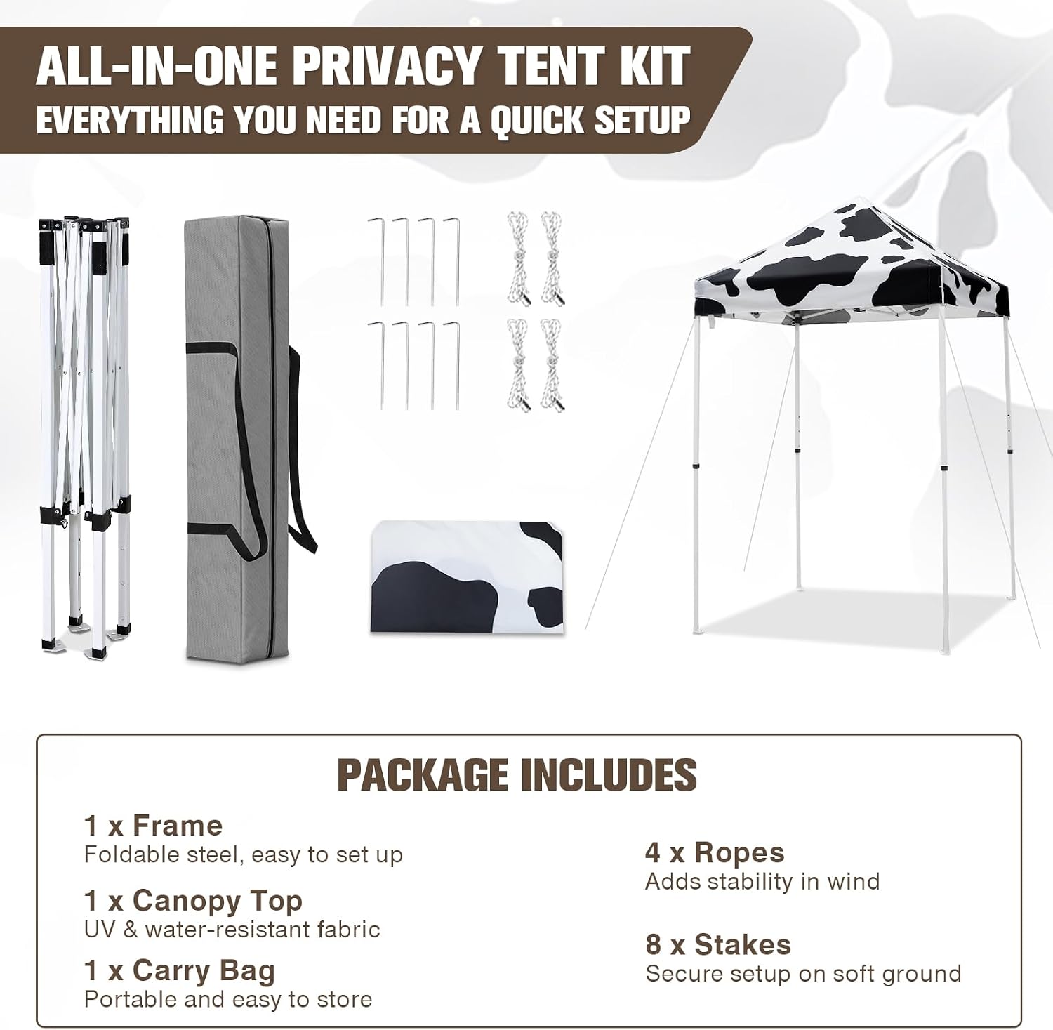 EAGLE PEAK 5x5 Pop Up Canopy Tent Instant Outdoor Canopy Easy Set-up Straight Leg Folding Shelter, Cow Print