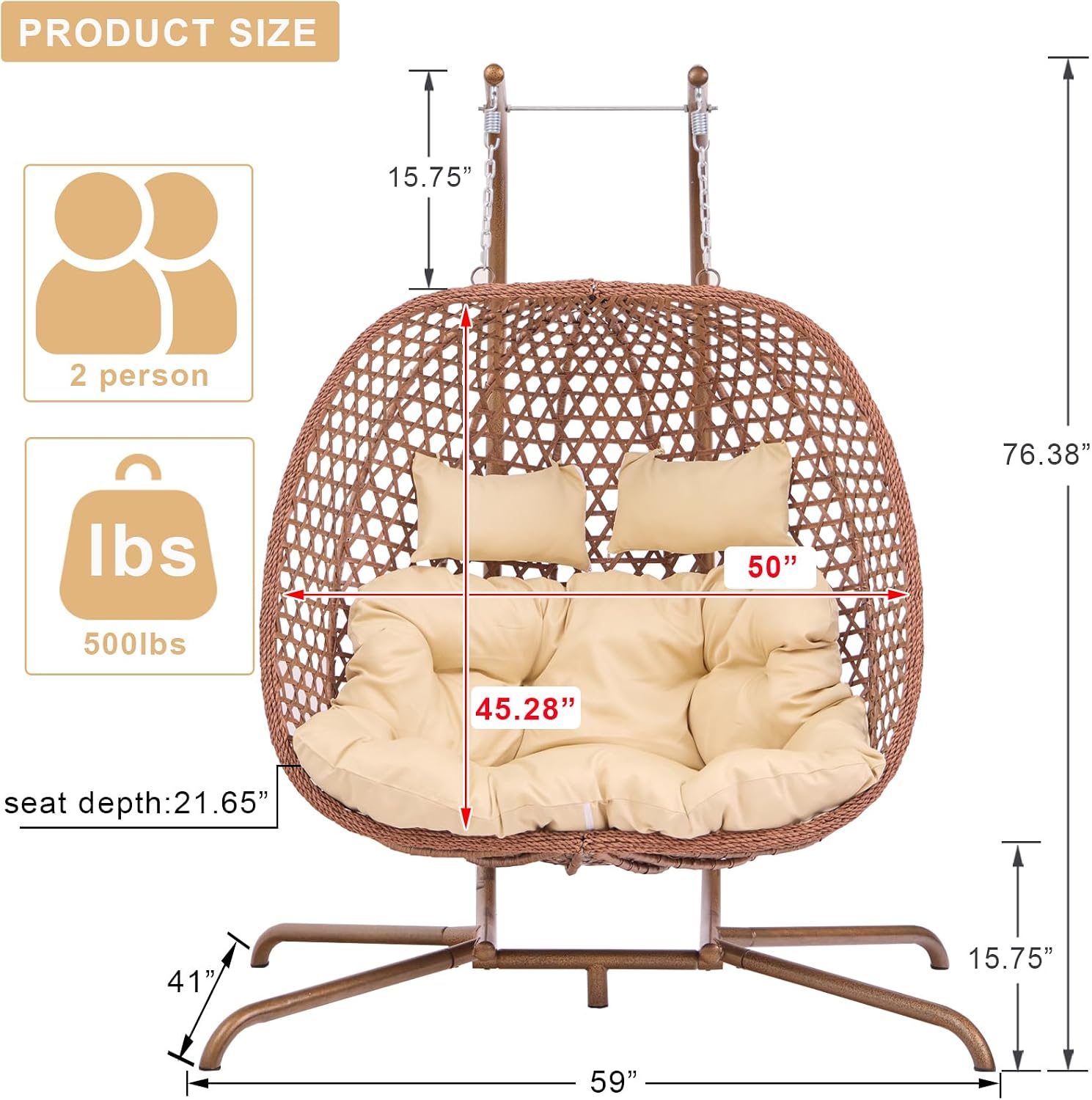 Double Swing Egg Chair with Stand, Hexagon Rattan Wicker Swing Chair Outdoor, Large 2 Person Patio Hanging Chair with Foldable Loveseat Removable Cushions (Beige)