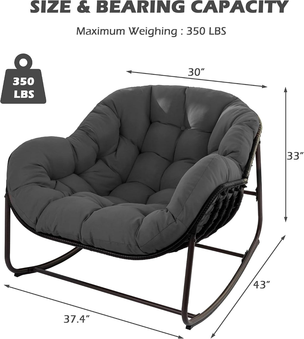 Papasan Rocking Chair, Oversized Papasan Chair with Cushion and Frame for Indoor& Outdoor,Egg-Shaped Patio Rocking Chair for Garden, Deck, Living Room, Light Grey