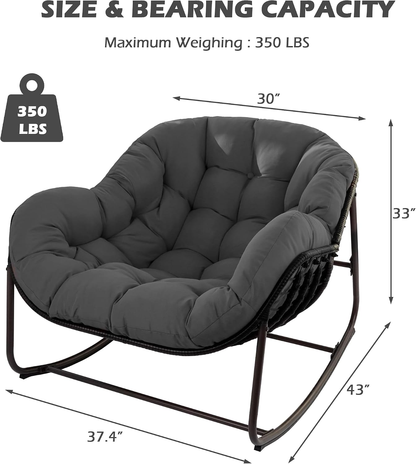 Papasan Rocking Chair, Oversized Papasan Chair with Cushion and Frame for Indoor& Outdoor,Egg-Shaped Patio Rocking Chair for Garden, Deck, Living Room, Light Grey