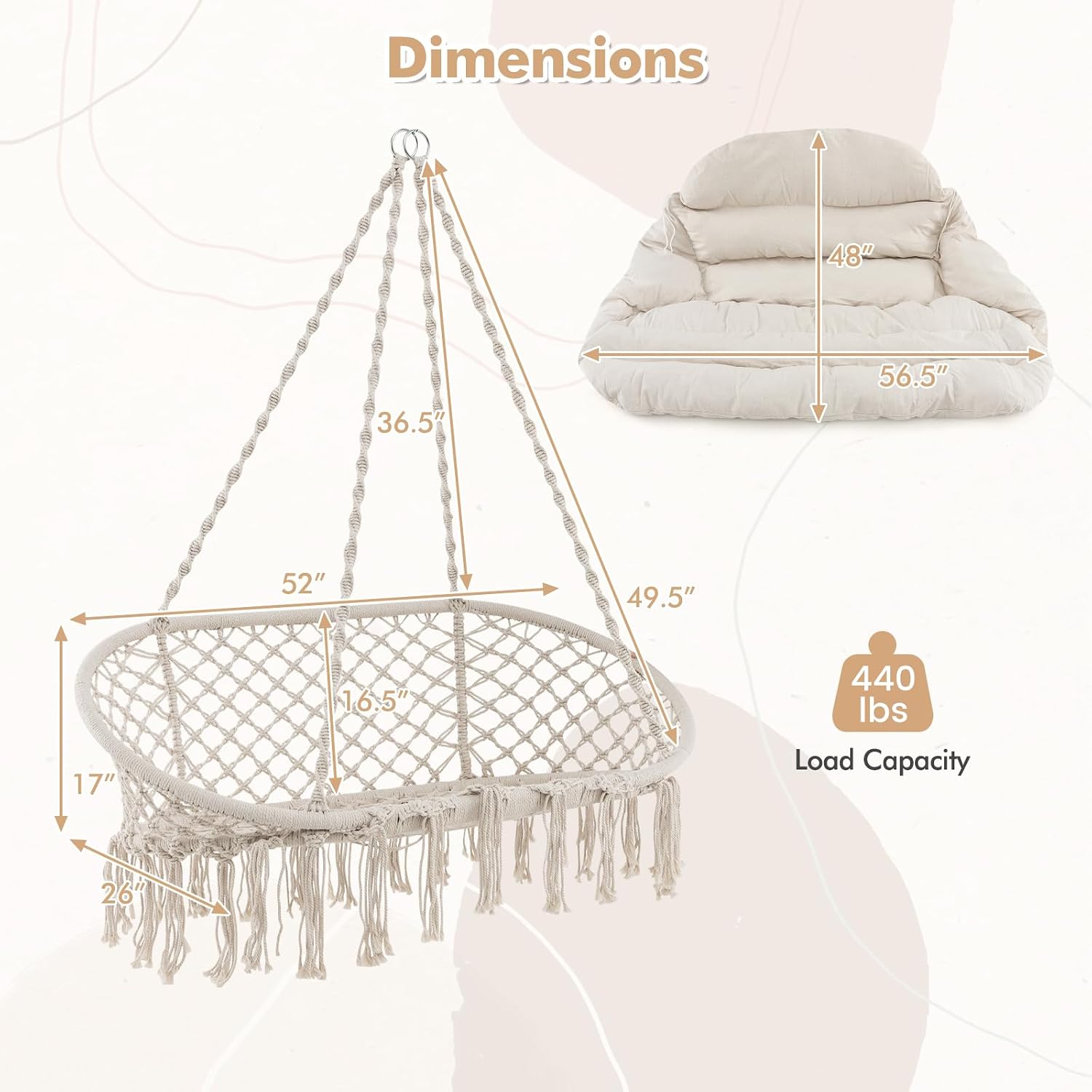 RELAX4LIFE Hammock Macrame Swing Chair - Swinging Chair w/Removable Cushion & Handwoven Tassels, Max 440 LBS, Indoor Outdoor Hanging Chair for Bedroom Patio Porch, Boho Hammock Swing (52 x 26 inch)