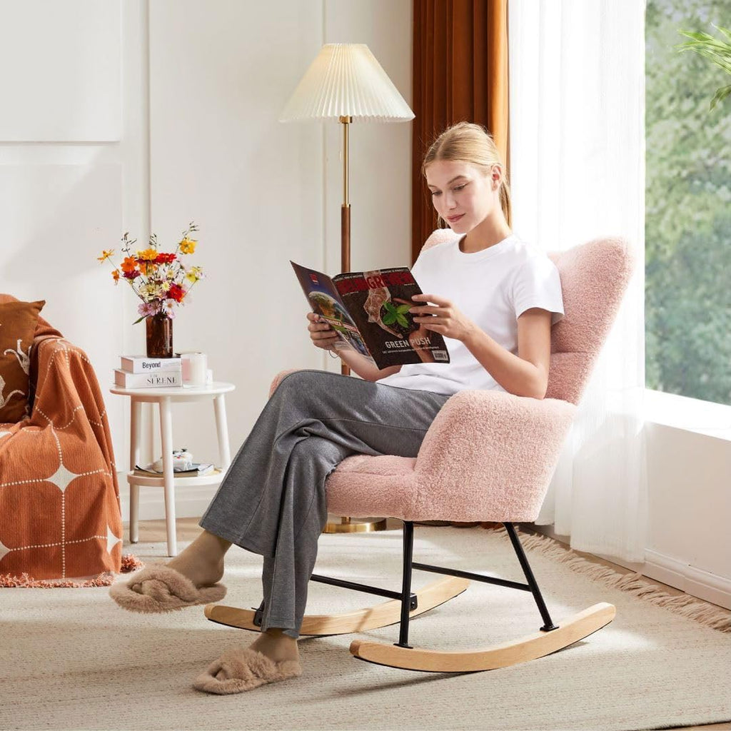 Nursery Rocking Chair, Boho Accent Ottoman, Teddy Upholstered Glider Rocker Accent Chair with High Backrest for Living Room, Small Spaces, Bedroom, Pink