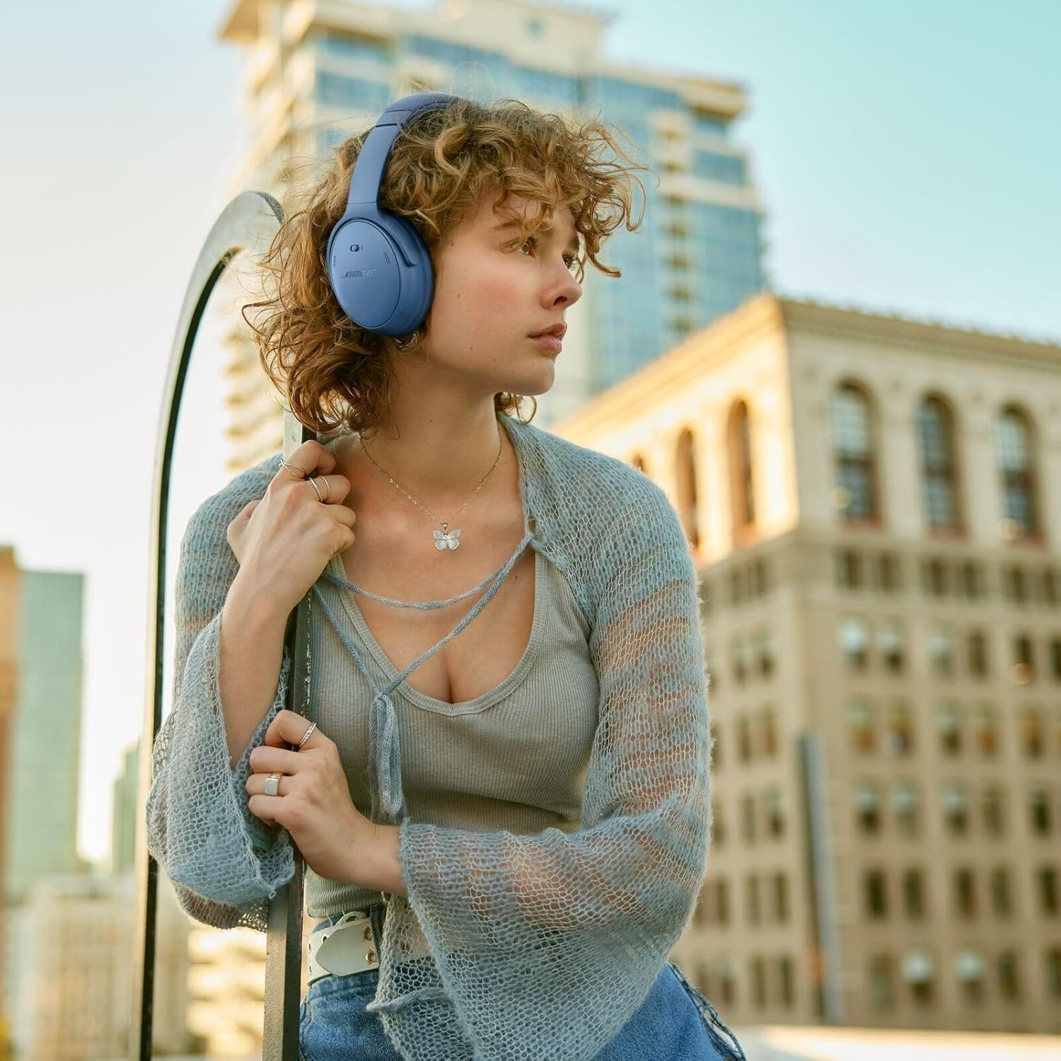 Bose QuietComfort Headphones - Wireless Bluetooth Headphones, Active Over Ear Noise Cancelling and Mic, Deep Bass Bundle + Desktop Headphone Stand + Green Extreme Dual Wall Charger (Blue Dusk)