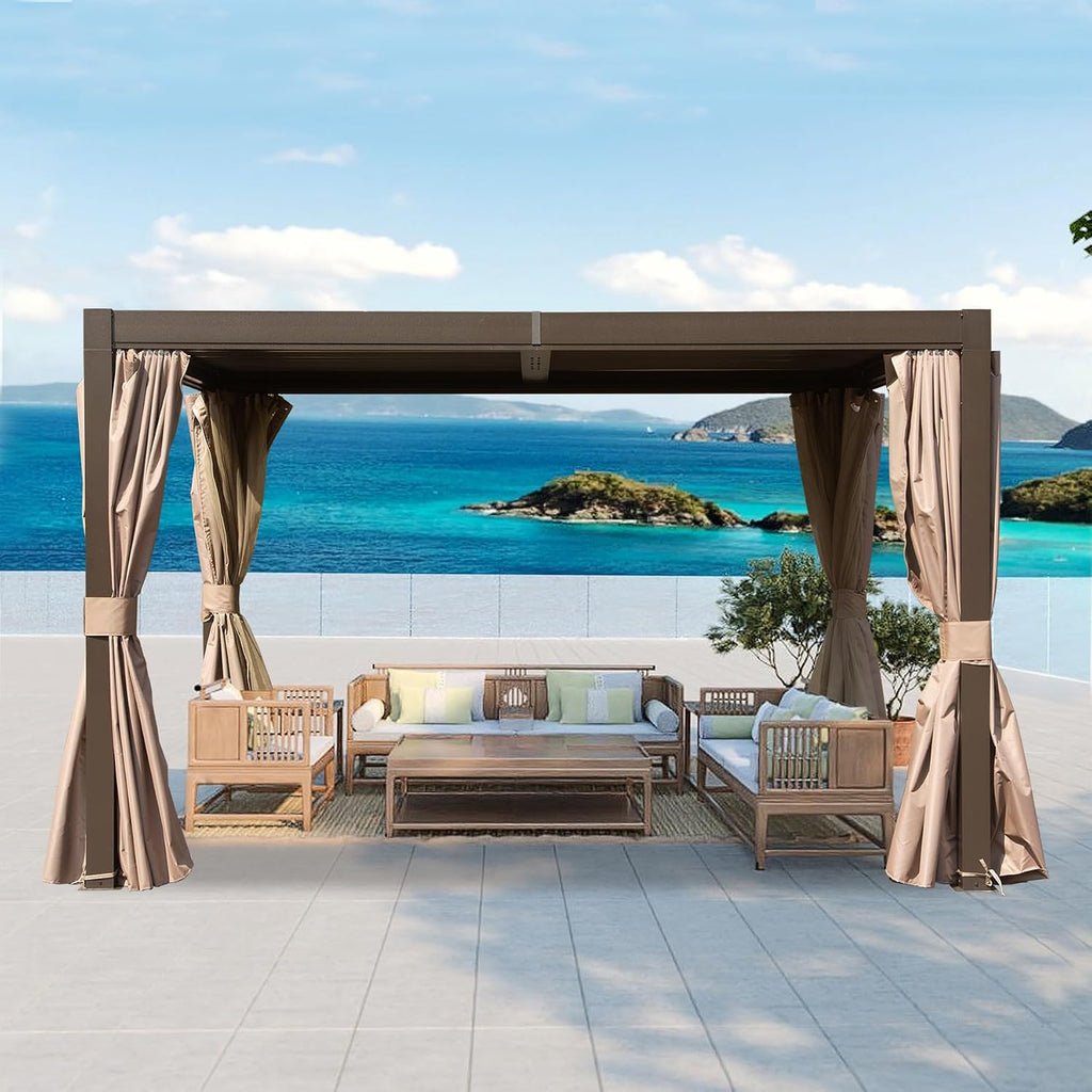 Domi 10x12FT Outdoor Louvered Pergola Full Aluminum Structure,Patio Pergola with Two Independently Adjustable Roof for Backyard, Sun Shade Gzebo with Gutter System for Garden Deck(Dark Brown)