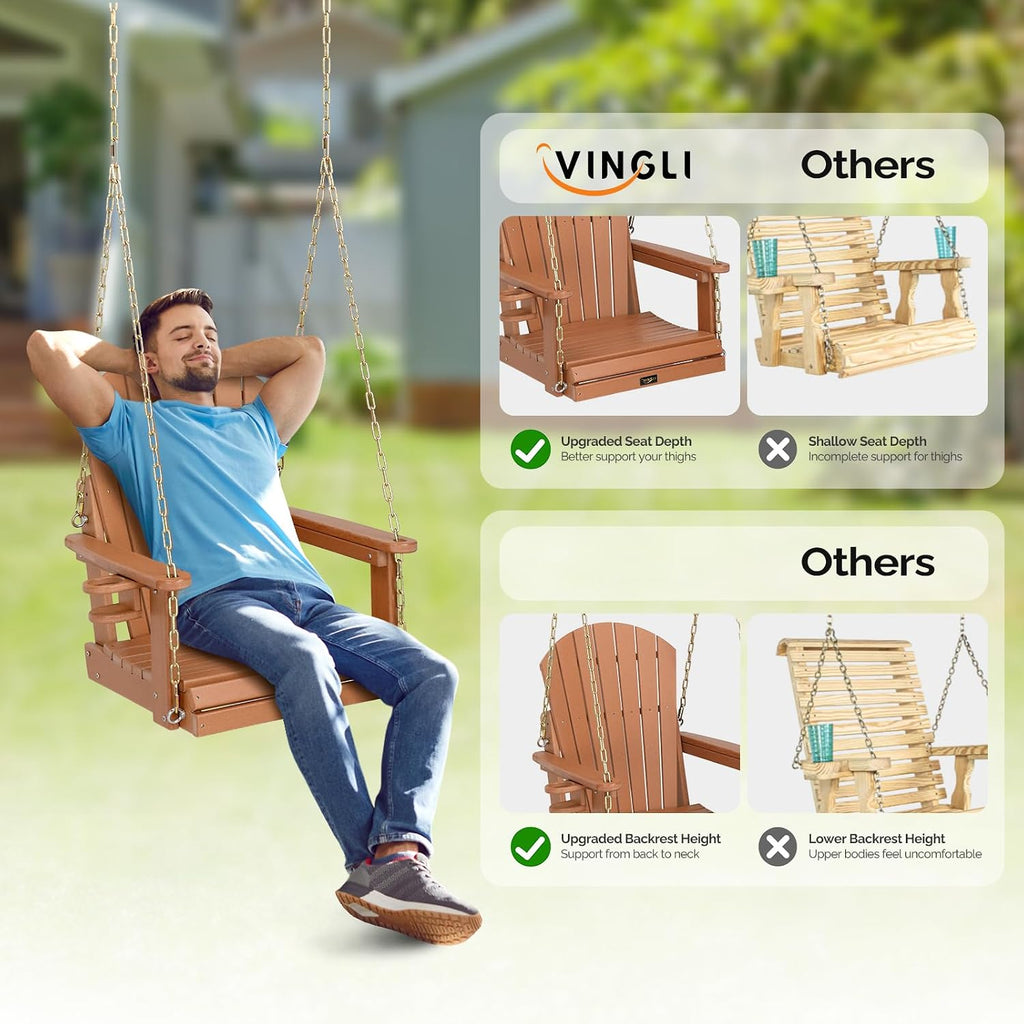 VINGLI Heavy Duty 880 LBS HDPE Porch Swing Outdoor with Rotatable Cup Holder, 1-Person Patio Hanging Swing with Adjustable Chains for Porch, Yard, Tree, Garden (Teak)