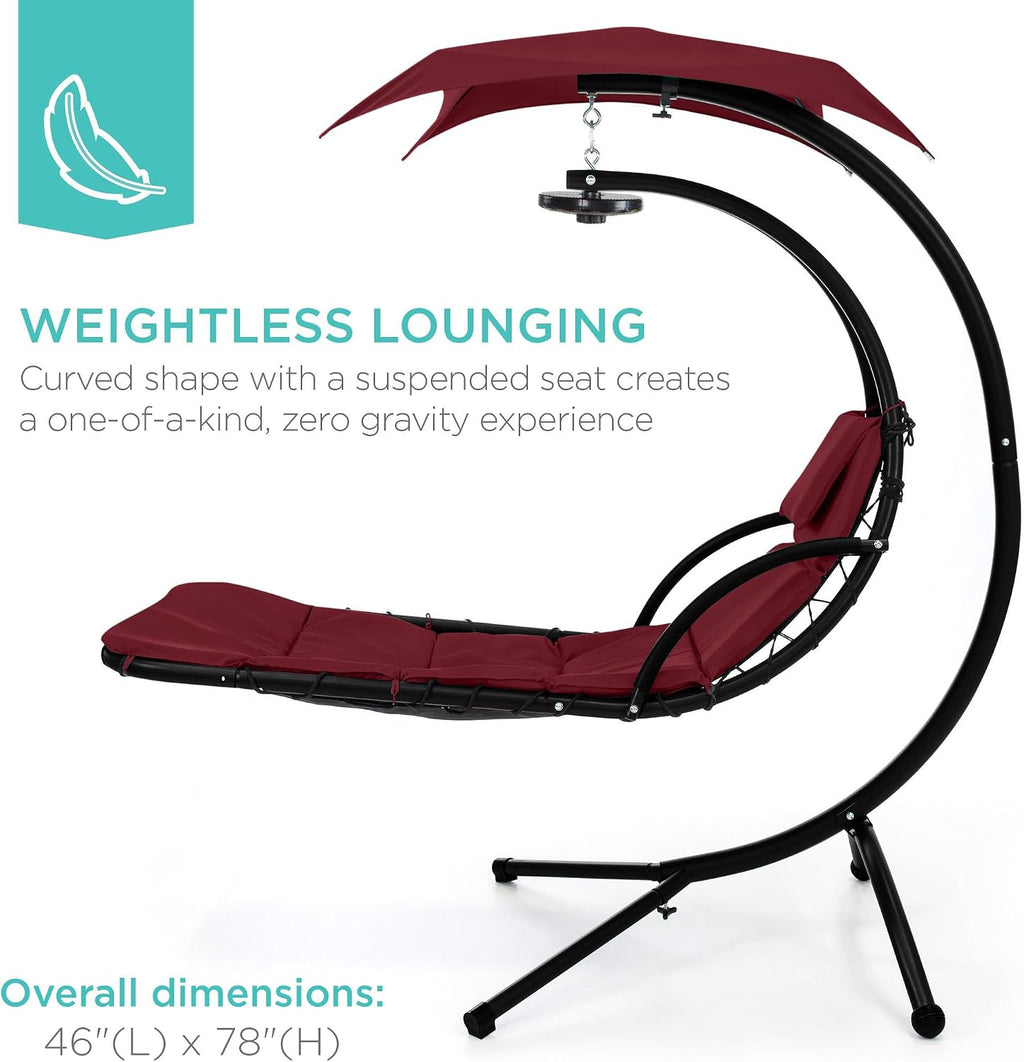 Best Choice Products Hanging LED-Lit Curved Chaise Lounge Chair Swing for Backyard, Patio, Lawn w/ 3 Light Settings, Weather-Resistant Pillow, Removable Canopy Shade, Steel Stand - Burgundy