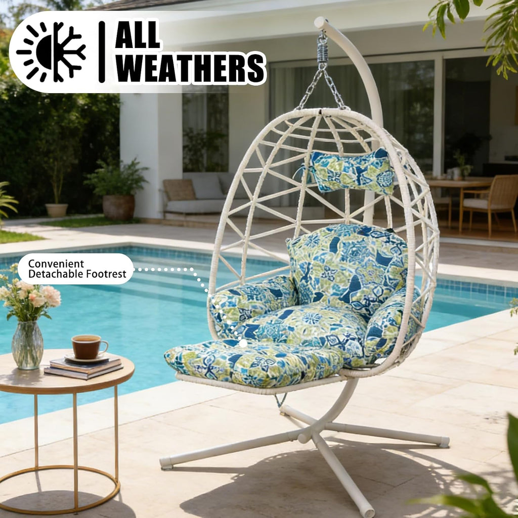 Hanging Egg Chair with Stand & Leg Rest,Rattan Wicker Swing Chair with Cushion,Patio Basket Hanging Chair Wicker Hammock Chair for Indoor Outdoor Bedroom Garden,300LBS (White Rattan&Floral Cushion)