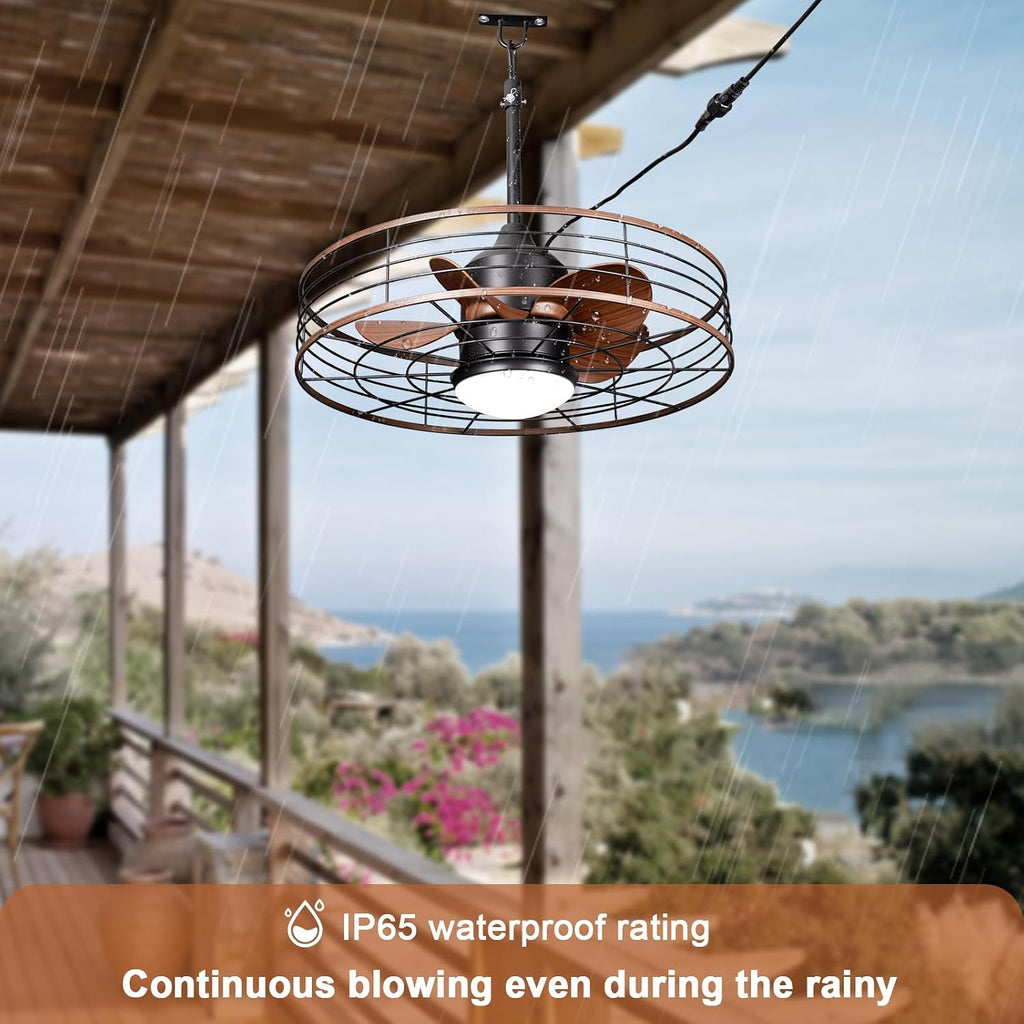 24' Waterproof Gazebo Ceiling Fan with Light Caged Outdoor Hanging Fan for Patios with Plug-in Cord, Dimmable LED, APP Remote Control, 6 Speeds for Pergola Porch Gazebo