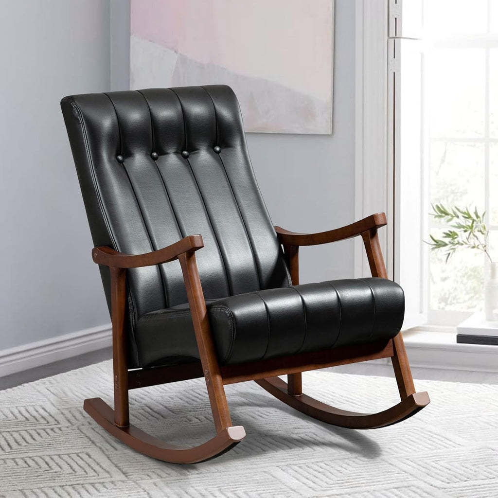 AVAWING Upholstered Rocking Chair with PU Leather Padded Seat,Comfortable Rocker Solid Wood for Living Room,Modern High Back Armchair,Adult Single Sofa,Old Man Chair (Black)