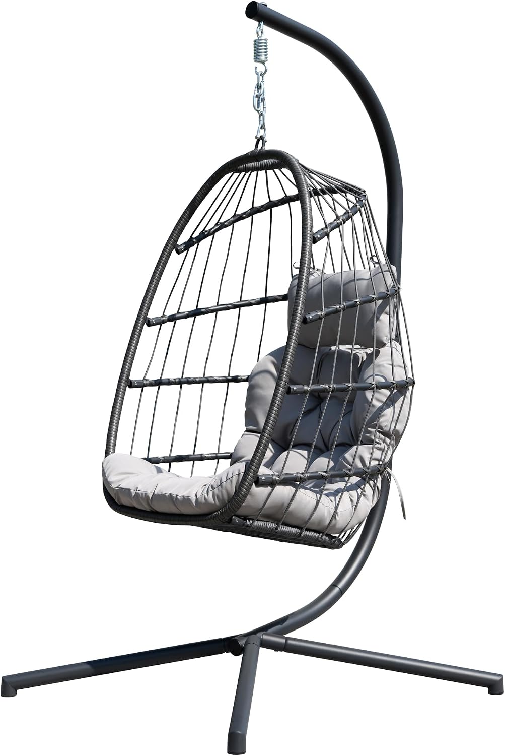 HWB Hanging Egg Chair with Stand, Patio Wicker Egg Swing Chair with Cushion for Bedroom Garden Indoor Outdoor (Grey)