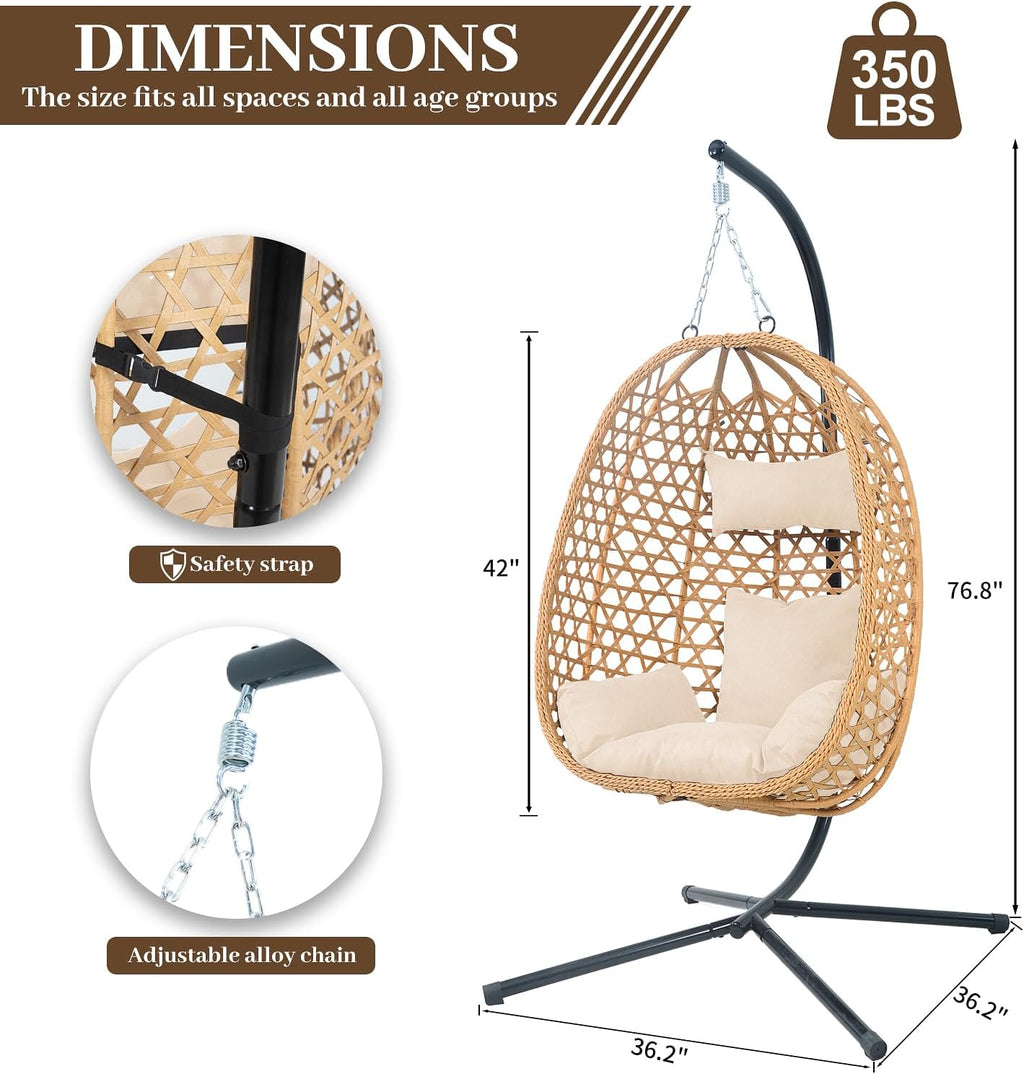 Hanging Egg Chair with Stand & Cushions - All-Weather Rattan Swing Chair for Patio, Balcony, Garden (Modern Boho Design, Ready-to-Use Indoor Outdoor)-Natural Wood