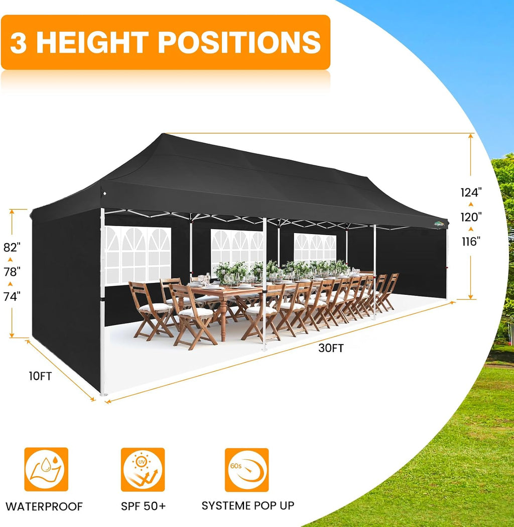 COBIZI 10x30 Pop up Canopy with 8 Removable Sidewalls & 4 Sandbags, Party Tent for Parties, Wedding, and Commercials, Waterproof and Instant Shelter UV50+ Ez Outdoor Canopy Tent with Roller Bag