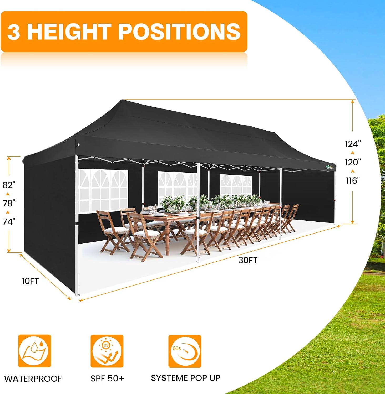 COBIZI 10x30 Pop up Canopy with 8 Removable Sidewalls & 4 Sandbags, Party Tent for Parties, Wedding, and Commercials, Waterproof and Instant Shelter UV50+ Ez Outdoor Canopy Tent with Roller Bag