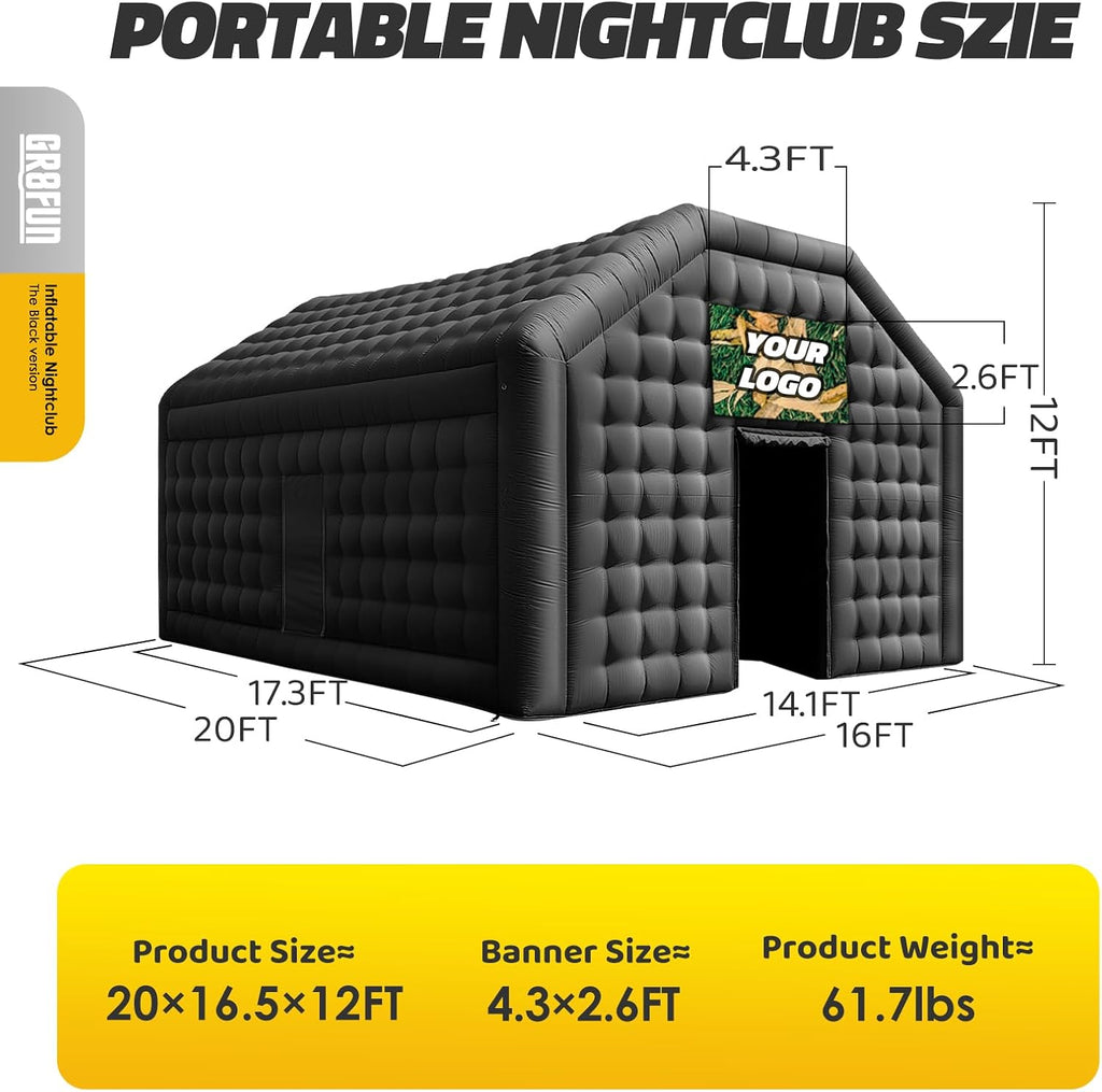 Large Inflatable Nightclub Tent 20X16.5X12Ft with Blower, Black Party Tent, Gazebo Event House for Wedding, Backyard Party, Birthday Celebration