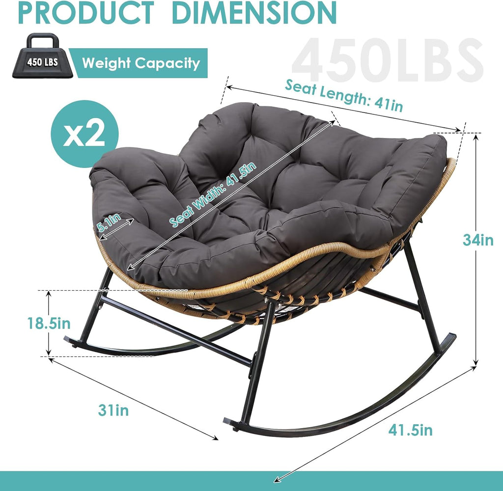 RADIATA 2 PCS Indoor Outdoor Papasan Rocking Chair Set, Oversized Patio Lounge Chair with Cushion, All Weather Wicker Comfy Loveseat Recliner, 450 lbs Capacity for Balcony Porch Garden livingroom grey