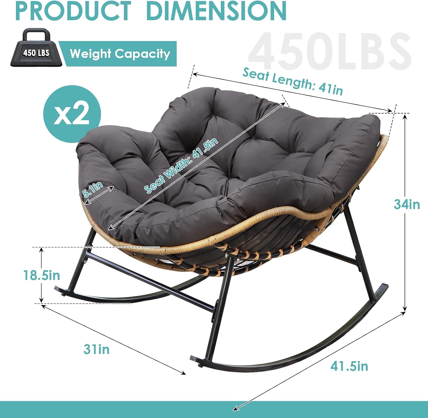 RADIATA 2 PCS Indoor Outdoor Papasan Rocking Chair Set, Oversized Patio Lounge Chair with Cushion, All Weather Wicker Comfy Loveseat Recliner, 450 lbs Capacity for Balcony Porch Garden livingroom grey