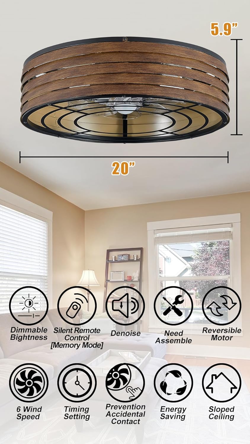 20'' Flush-Mount Ceiling Fan with Dimmable Light and Memory Remote Control, Reversible Motor, Perfect for Bedroom, Kitchen, Outdoor Gazebo, Patio, Low-Profile Woodern Walnut Design Cage
