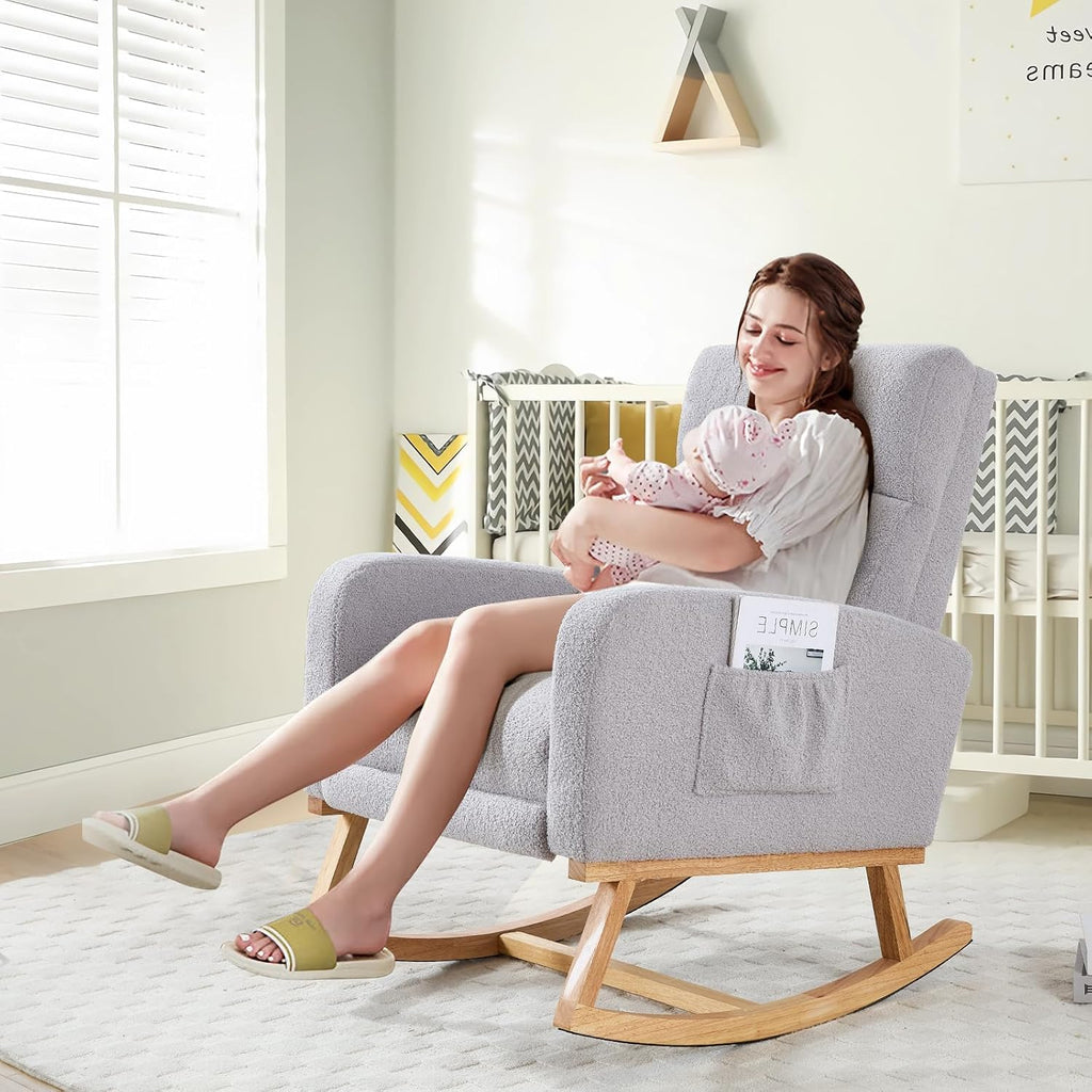 HCHAIRH Rocking Chair Nursery with Foot Rest, Teddy Nursing Rocking Chairs for Mom Nursery, Rocker Glider Chair with Footrest for Living Room, Bedroom, Light Gray