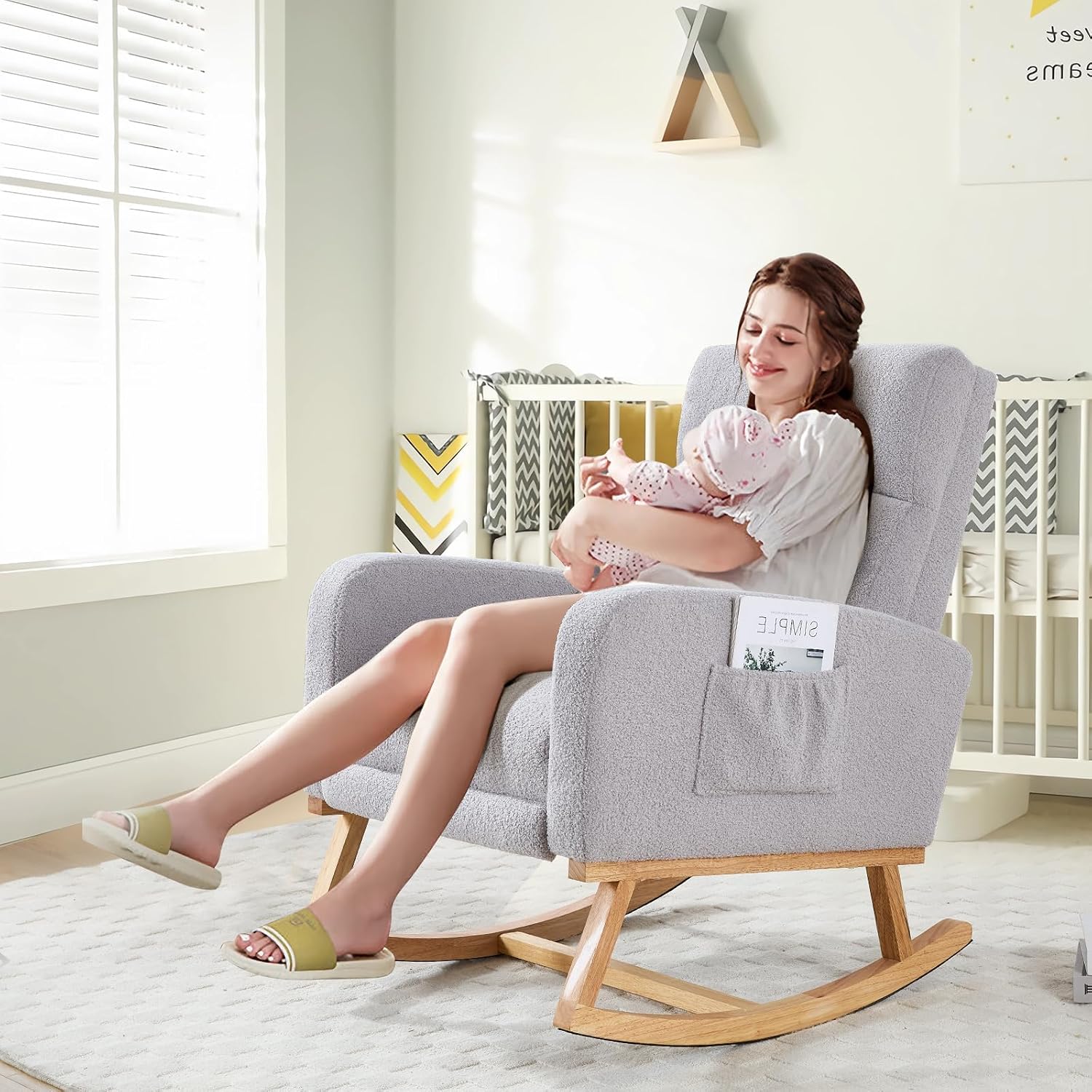 HCHAIRH Rocking Chair Nursery with Foot Rest, Teddy Nursing Rocking Chairs for Mom Nursery, Rocker Glider Chair with Footrest for Living Room, Bedroom, Light Gray