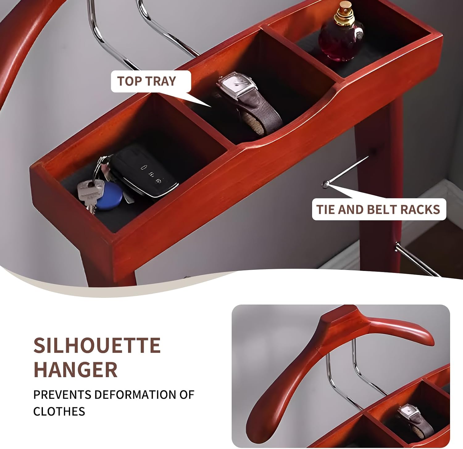 Wooden Suit Valet Stand, with Wheels mobile Floor Standing Suit Coat Stand With Contour Hanger Trouser Bar And Top Storage Tray, Freestanding Valet Stand for Men Women Office Living Room Wine red