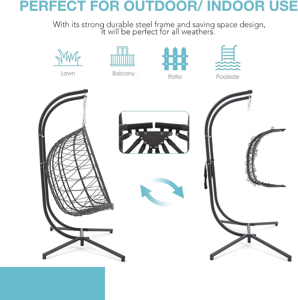 Patiorama 2 Person Double Egg Swing Chair with Stand Indoor Outdoor, Patio Wicker Rattan Hanging Egg Chair w/Cushion, Pillow, Foldable Hammock Chair 550lbs for Bedroom, Balcony, Garden (Dark Grey)
