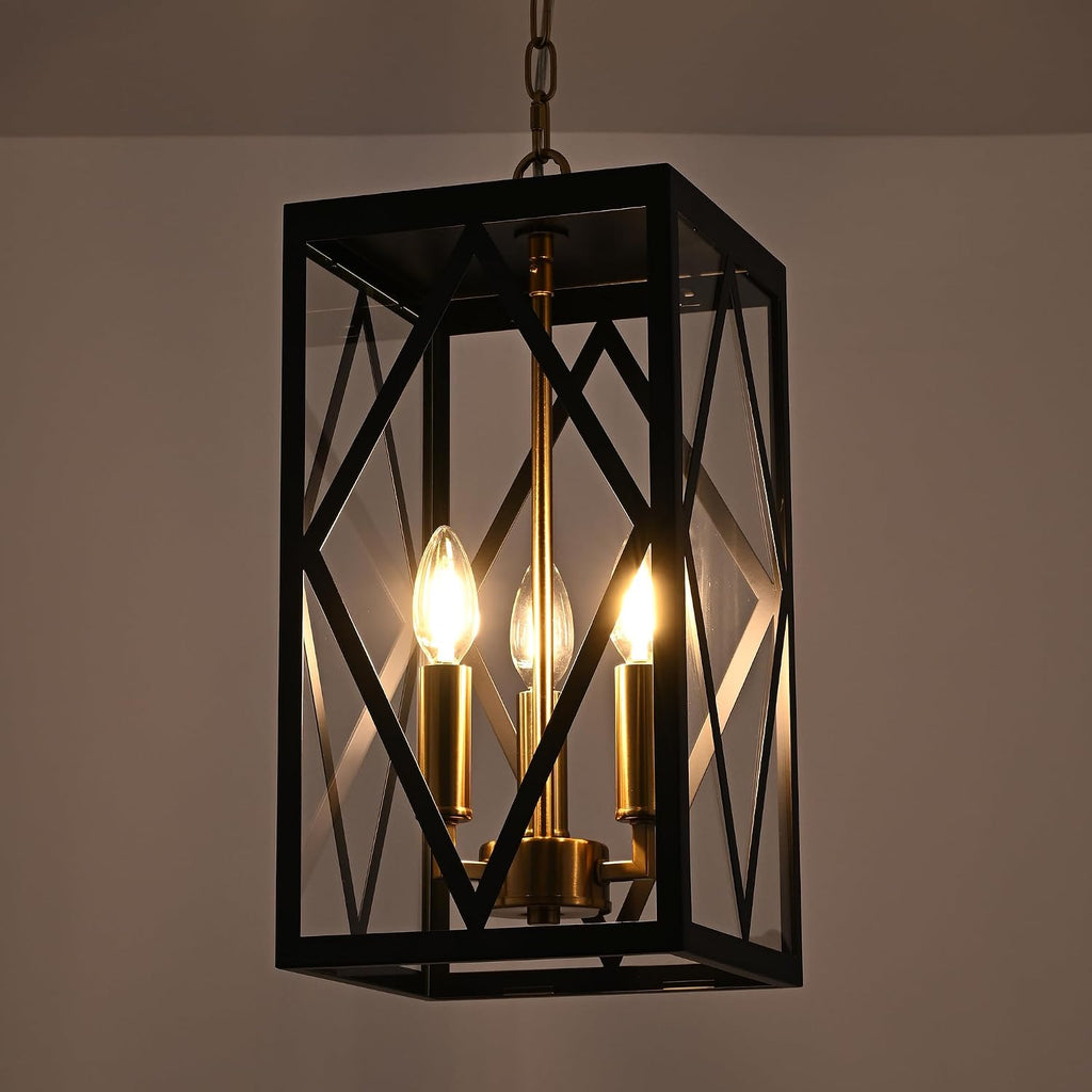 15.7'' Outdoor Pendant Light Black Brass, Exterior Ceiling Hanging Lantern Porch Light with Clear Glass, Outdoor Hanging Lantern Lighting Exterior Pendant Lighting Fixture for Porch, Gazebo