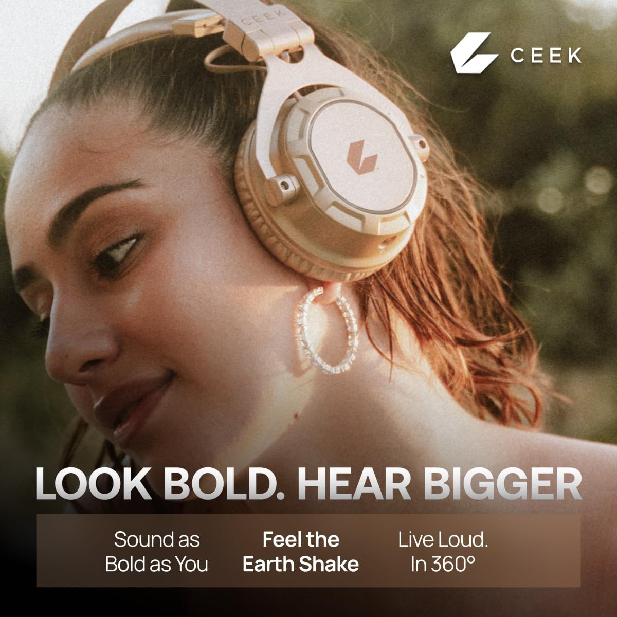 CEEK Wireless Bluetooth Headphones Over Ear with Noise Cancelling, 360° Surround Sound, Foldable Design & Detachable Mic - Headphones for Gym, Gaming, Music & Travel with Earth Shaking Bass - Gold.